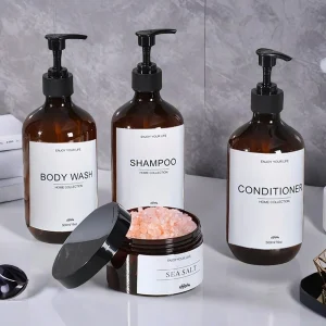 Bathroom Shower Soap Dispenser Set Reusable Amber Shampoo Conditioner Hair Mask Sea Salt Body Scrub Dispenser with labels