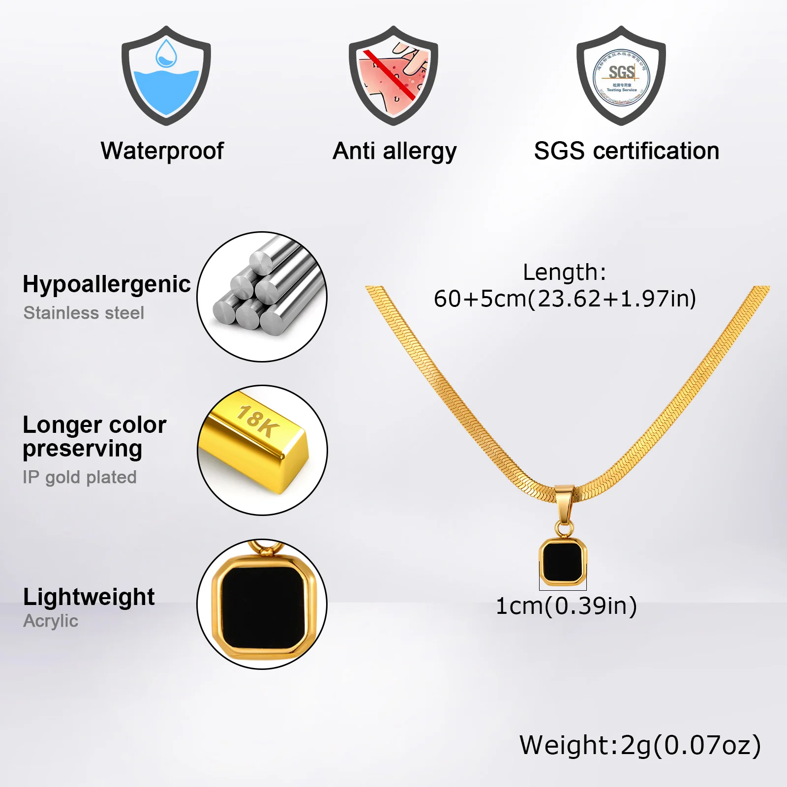 Vnox Geometric Square Natural Stone Pendant Necklace for Men, Gold Silver Color Stainless Steel Blade Chain, Trendy Jewelry Gift - Image 3
