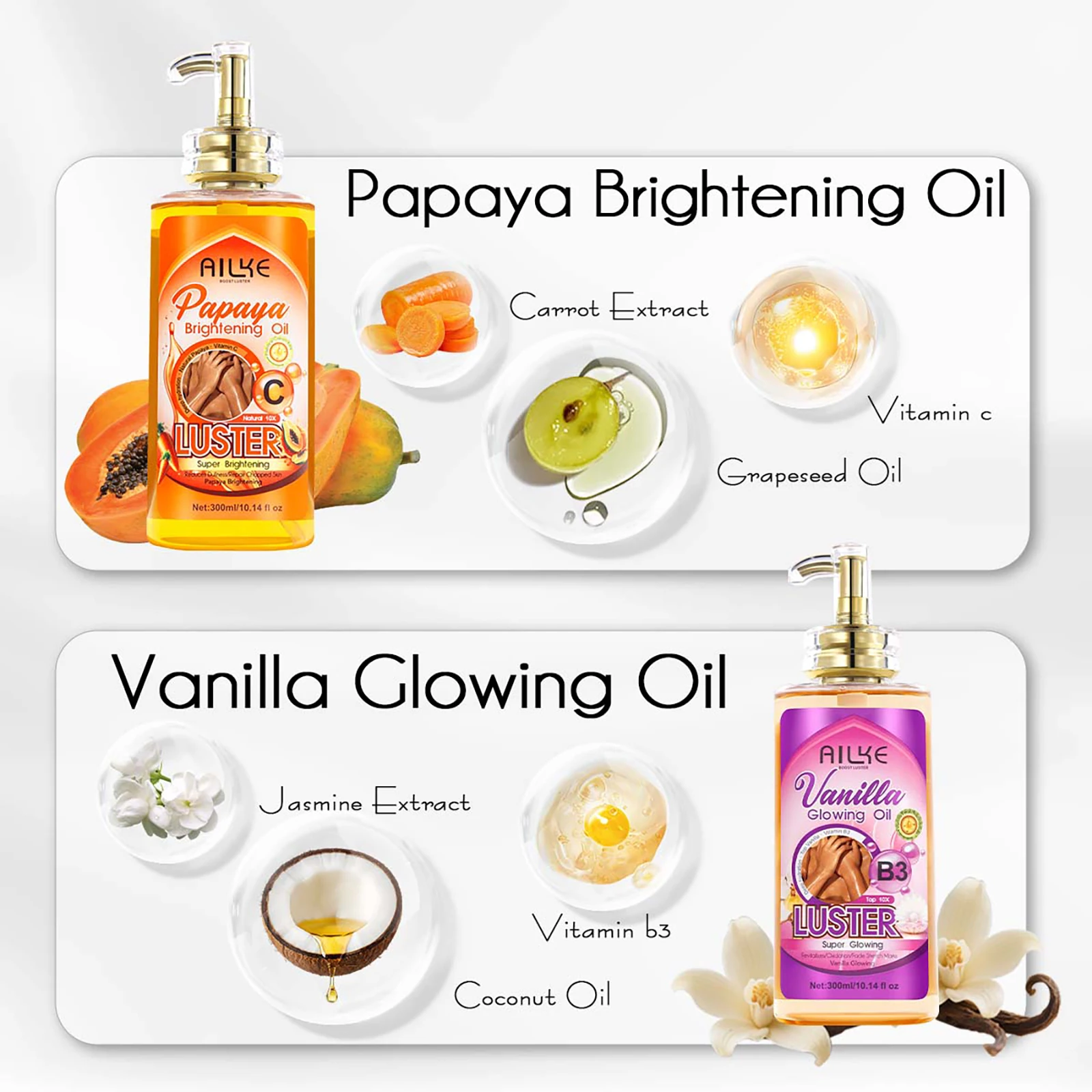 AILKE Whitening Body Oil, Moisturizing, Nourishing, Glowing, Brighten, Smooth Skin, Reduce Dark Spots, For All Skin Types, 300ml - Image 3