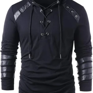 Men's Knight Drawstring Lace Up Pullover Hoodie Steampunk Long Sleeve Hooded Sweatshirt Black, Gothic Victorian Style