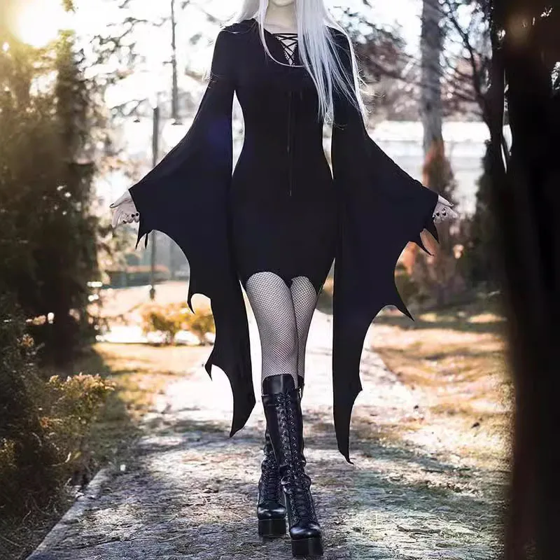 Gothic Grunge Punk Mini Dress for Women Fashion Batwing Long Sleeve Slim V-Neck Lace-Up Dresses Y2K Harajuku Party Bodycon Dress