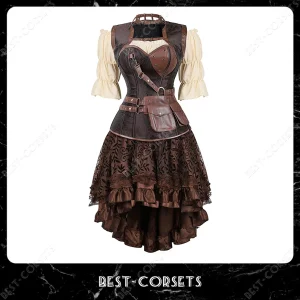 Steampunk Corset Dress Pirate Costume for Women Halloween Medieval Blouse Gothic Faux Leather Corset Dress With Straps Brown