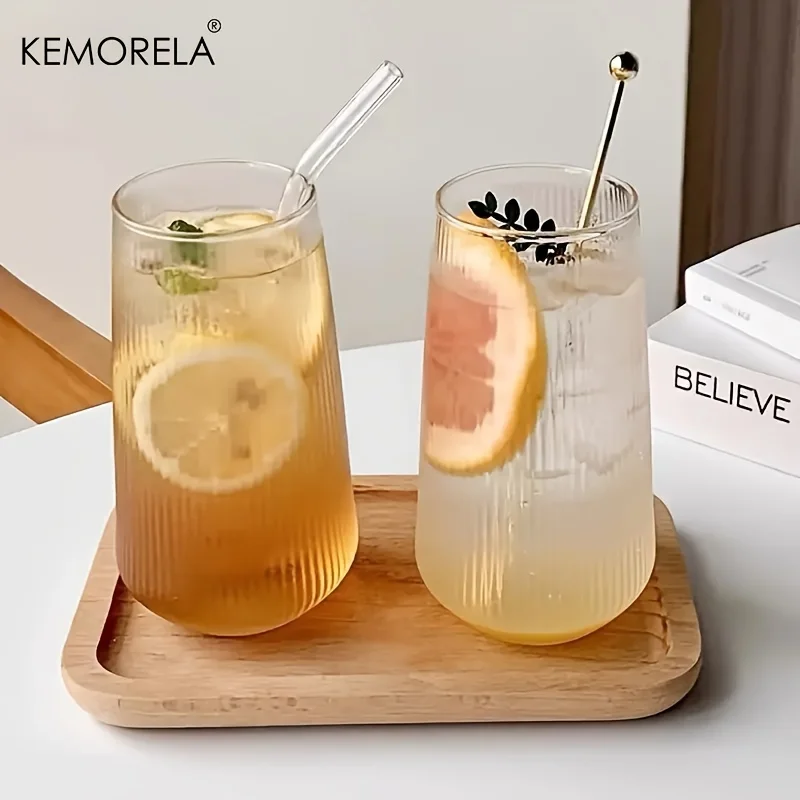 KEMORELA 1/2PCS Vertical Striped Glass With Lid and Straw Vertical Stripes - Suitable For Coffee Milk Juice Whiskey Soda Cups - Image 3