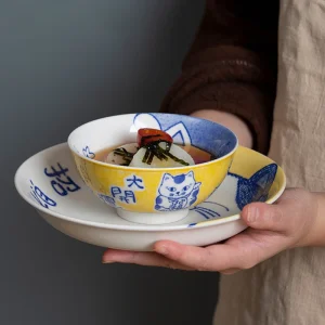 Cartoon Kitten Dinner Plate and Bowl Set Ceramic Lucky Cat Serving Dish, 8 Inch Pasta Plate, 5 Inch Rice Salad Bowl