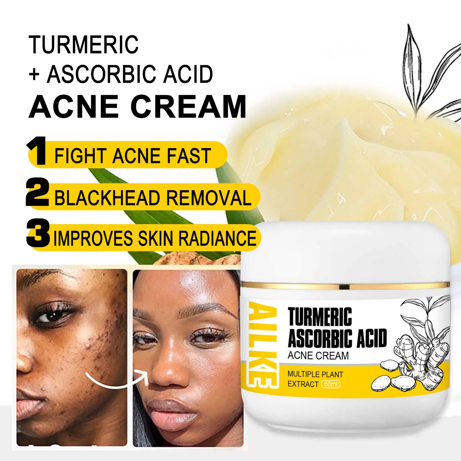AILKE Organic Turmeric Skin Care Set, Brighten, Cleaning Skin, Remove Acne,Pimples, Whitening, Even Skin Tone, Improve Dry Skin - Image 3