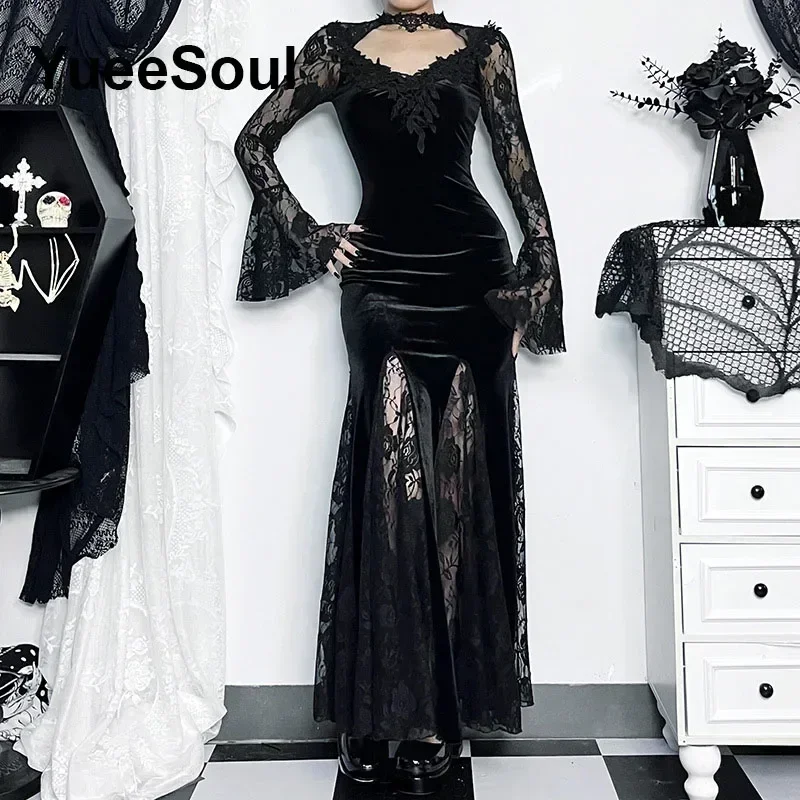 Halloween Gothic Grunge Punk Women Dress Long Sleeve Lace Slim Black Dresses 2026 New Y2K Harajuku Lolita Fairy Core Party Dress - Image 3