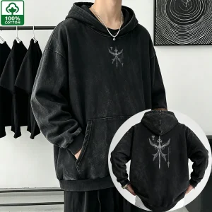 Men's Vintage Washed Distressed Black Hoodie Hip Hop Retro Casual Streetwear Sweatshirt Dark Occult Gothic Winged Sword Print