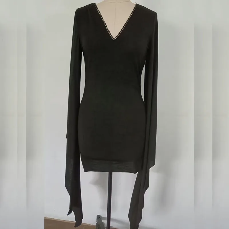 Gothic Grunge Punk Mini Dress for Women Fashion Batwing Long Sleeve Slim V-Neck Lace-Up Dresses Y2K Harajuku Party Bodycon Dress - Image 2