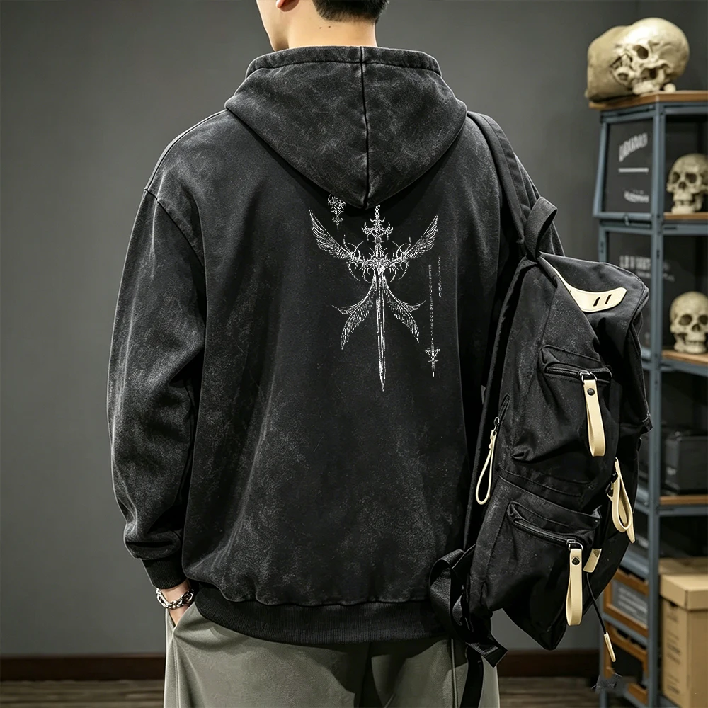 Men's Vintage Washed Distressed Black Hoodie Hip Hop Retro Casual Streetwear Sweatshirt Dark Occult Gothic Winged Sword Print - Image 6