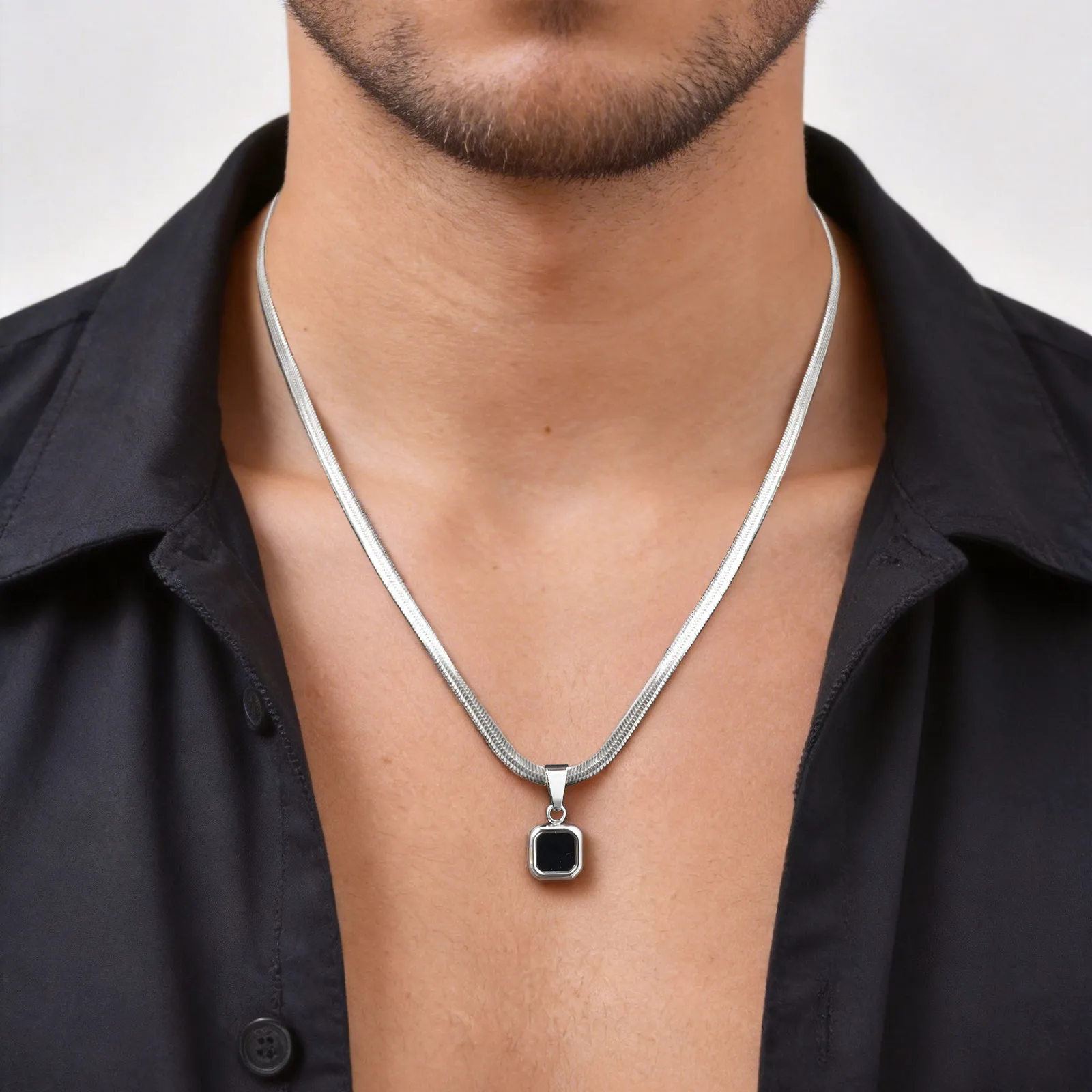 Vnox Geometric Square Natural Stone Pendant Necklace for Men, Gold Silver Color Stainless Steel Blade Chain, Trendy Jewelry Gift - Image 2
