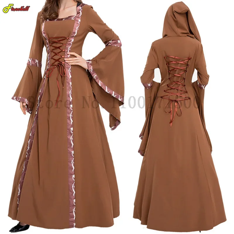 Women Steampunk Medieval Dress Renaissance Gothic Cosplay Costume Hooded Long Dress Women Retro Fancy Clothes Halloween 5XL