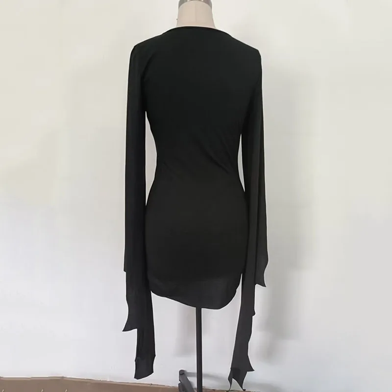 Gothic Grunge Punk Mini Dress for Women Fashion Batwing Long Sleeve Slim V-Neck Lace-Up Dresses Y2K Harajuku Party Bodycon Dress - Image 4