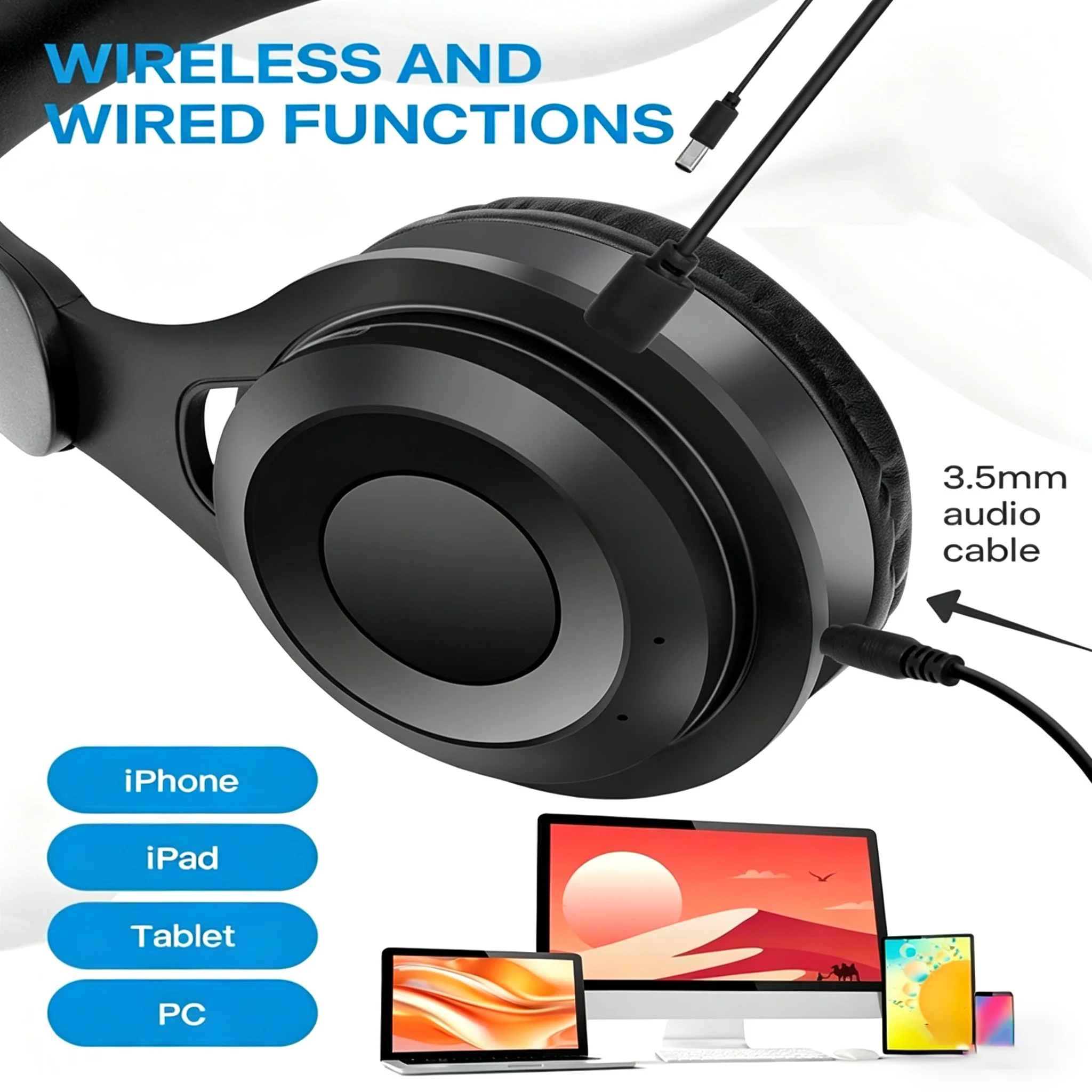 High Fidelity Bluetooth Wireless Headset, Clear Stereo Sound Over Ear Headphones with Built-in HD Mic, Stable Connection - Image 2