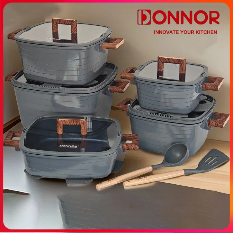 DONNOR 15Pcs Non-stick Square Soup Pot Set Bakelite Handle Stew Pot Frying Pan Stove Universal Cookware Set Milk Cooking Pot Set