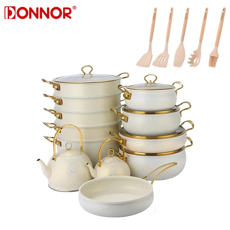 DONNOR 11/24Pcs Cookware Set Kitchen Nonstick Frying Pan Soup Pot Stew Pots with Glass Lid Kitchen Cooking Pot For Induction