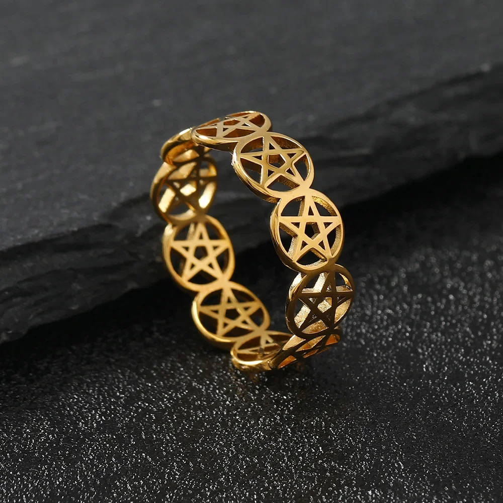 YILUOCD Stainless Steel Pentacle Ring Geometric Pentagram Ring for Women Wicca Protection Amulet Hollow Star Christmas Jewelry - Image 3