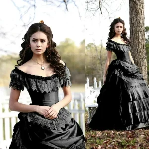 Vampire Elena Gilbert Cosplay Costume Black Ball Gown Victorian Gothic Steampunk Evening Dress Set Custom Made