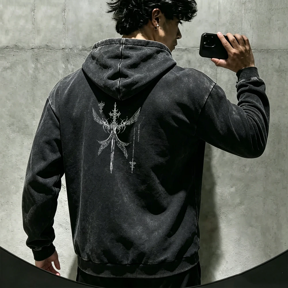 Men's Vintage Washed Distressed Black Hoodie Hip Hop Retro Casual Streetwear Sweatshirt Dark Occult Gothic Winged Sword Print - Image 3