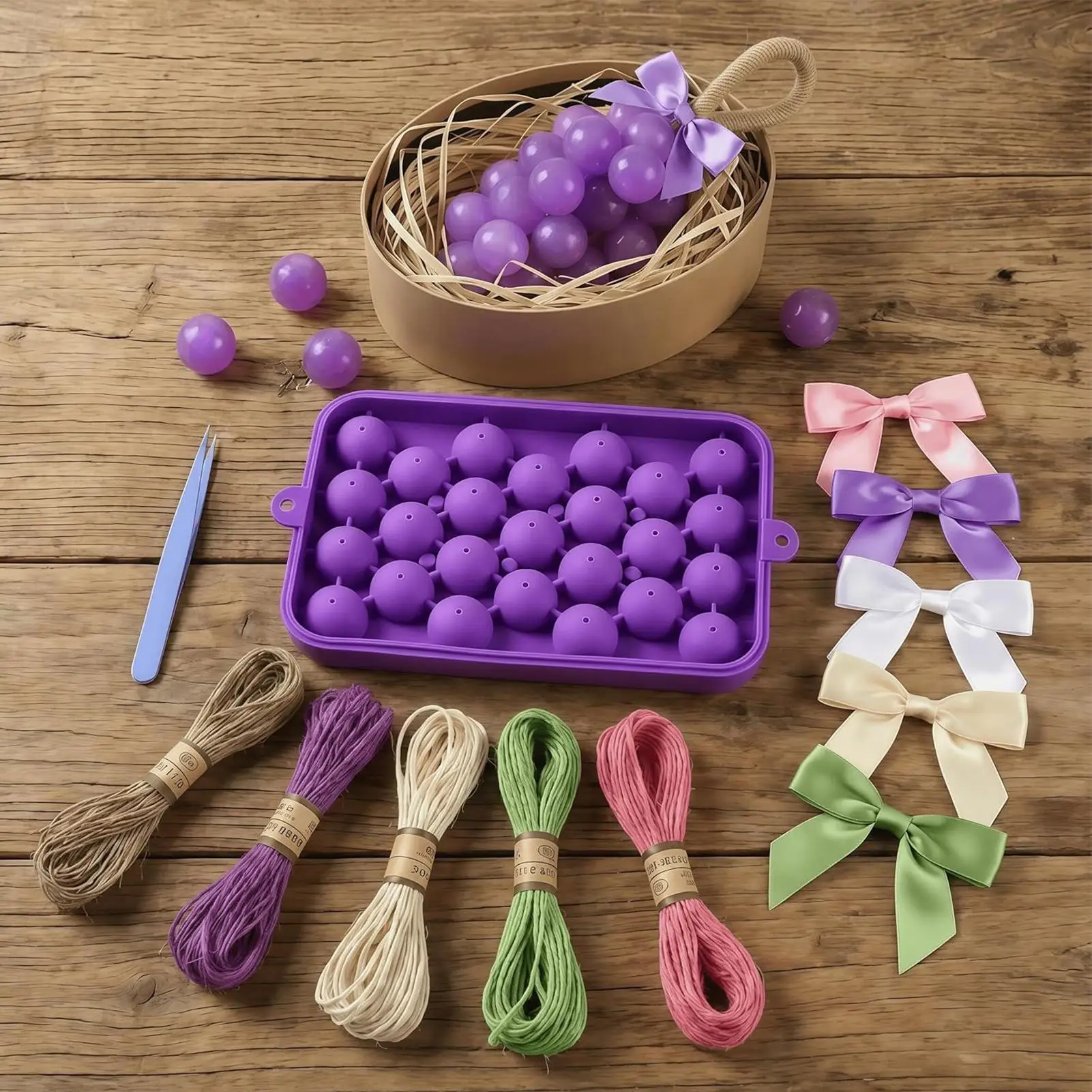 Grape Shaped Soap Making Kit with Silicone Mold, DIY Handmade Soap Craft Set with Colorful Twine & Bows for Party Favors