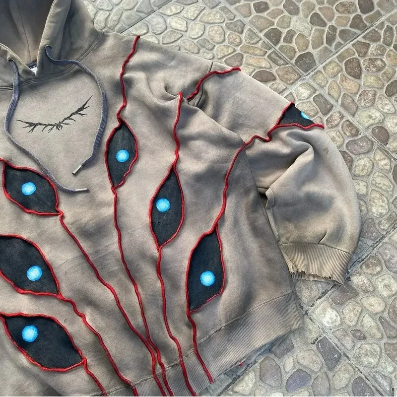 Gothic Punk Eye Pattern Patchwork Hoodies Women Y2k Top New Retro Loose Long Sleeve Sweatshirt Men and Women Hoodie Streetwear - Image 2