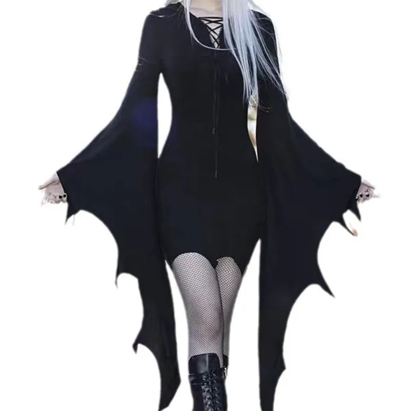 Gothic Grunge Punk Mini Dress for Women Fashion Batwing Long Sleeve Slim V-Neck Lace-Up Dresses Y2K Harajuku Party Bodycon Dress - Image 6