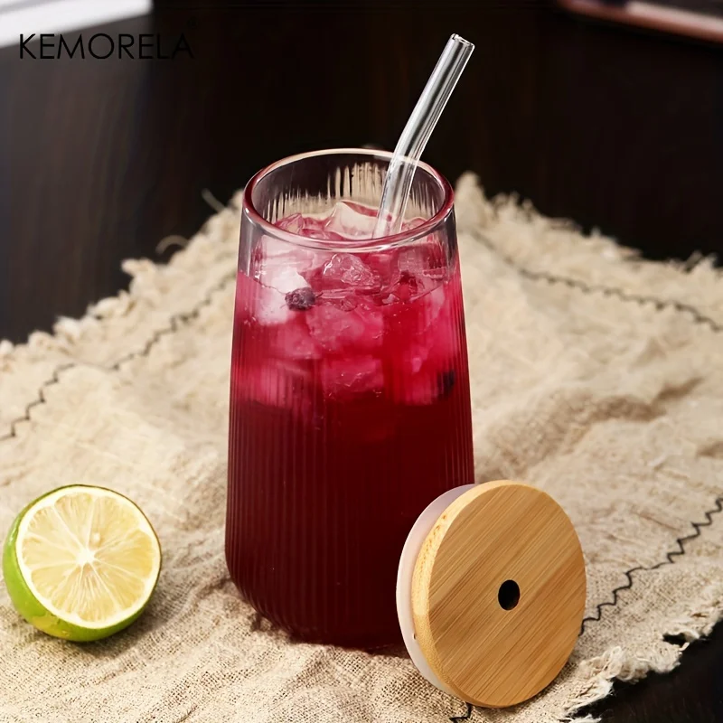 KEMORELA 1/2PCS Vertical Striped Glass With Lid and Straw Vertical Stripes - Suitable For Coffee Milk Juice Whiskey Soda Cups - Image 2