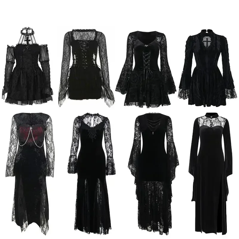 Halloween Gothic Grunge Punk Women Dress Long Sleeve Lace Slim Black Dresses 2026 New Y2K Harajuku Lolita Fairy Core Party Dress