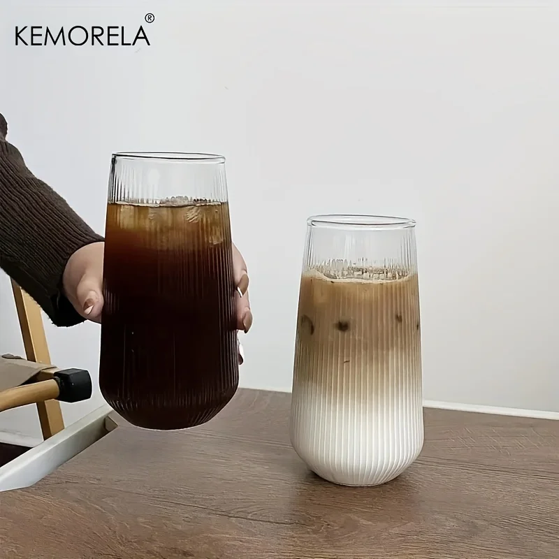 KEMORELA 1/2PCS Vertical Striped Glass With Lid and Straw Vertical Stripes - Suitable For Coffee Milk Juice Whiskey Soda Cups - Image 4