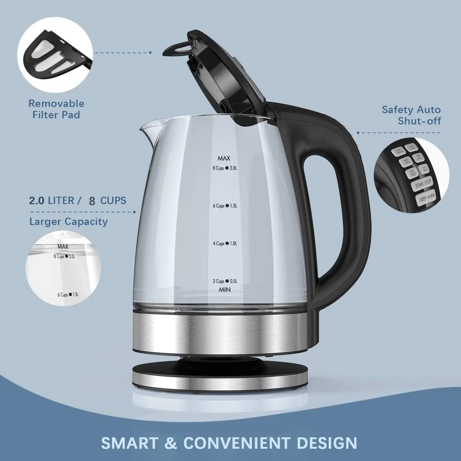 DEVISIB Electric Glass Kettle, 2200W Fast Boiling, Temperature Control, 4-Hour Keep Warm, 2.0L Tea Kettle & Hot Water Boiler - Image 6