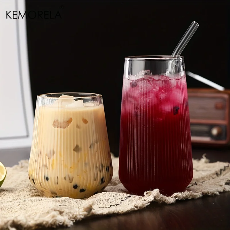 KEMORELA 1/2PCS Vertical Striped Glass With Lid and Straw Vertical Stripes - Suitable For Coffee Milk Juice Whiskey Soda Cups - Image 5