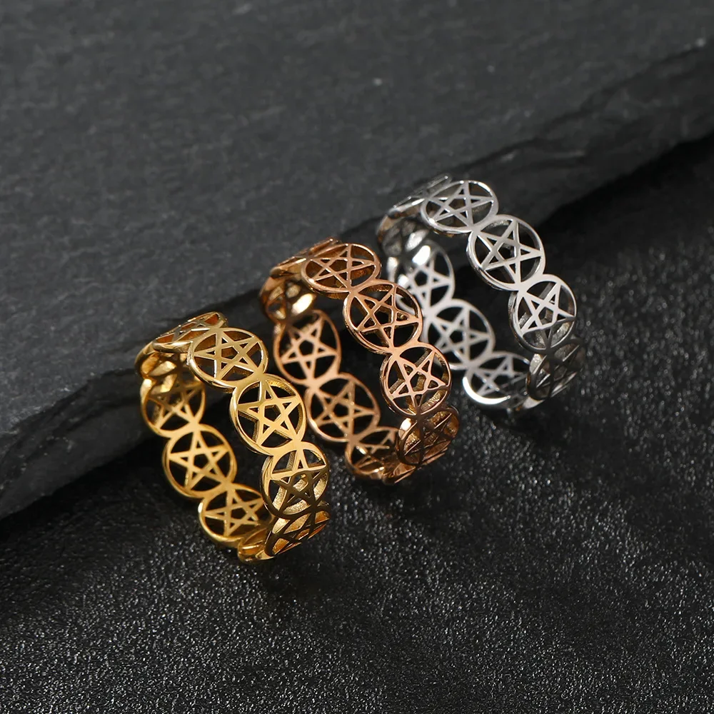 YILUOCD Stainless Steel Pentacle Ring Geometric Pentagram Ring for Women Wicca Protection Amulet Hollow Star Christmas Jewelry - Image 2